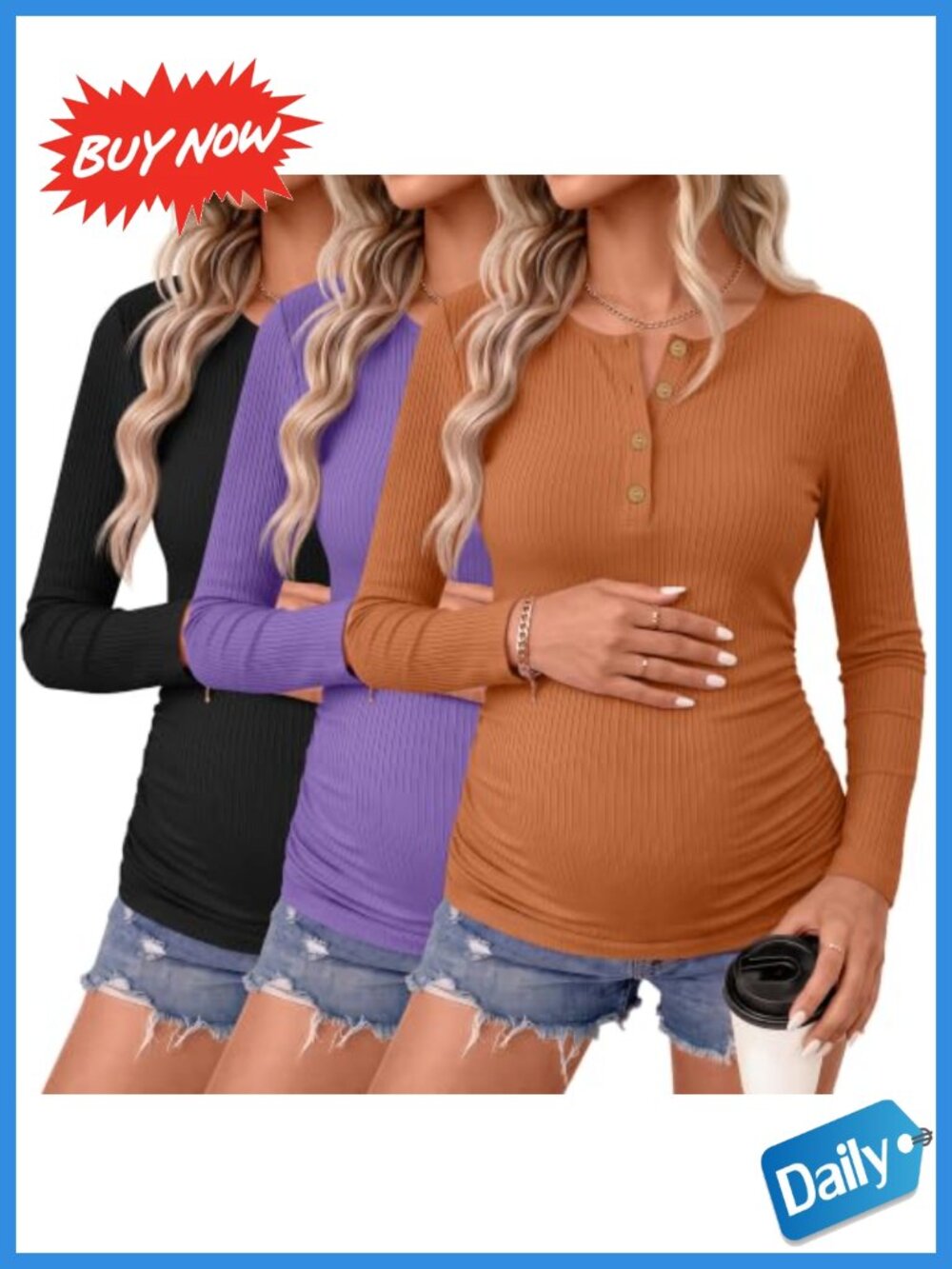 Maternity Long Sleeve Henley Tops 3 Pack Cotton Blend Ruched Pregnancy Shirts